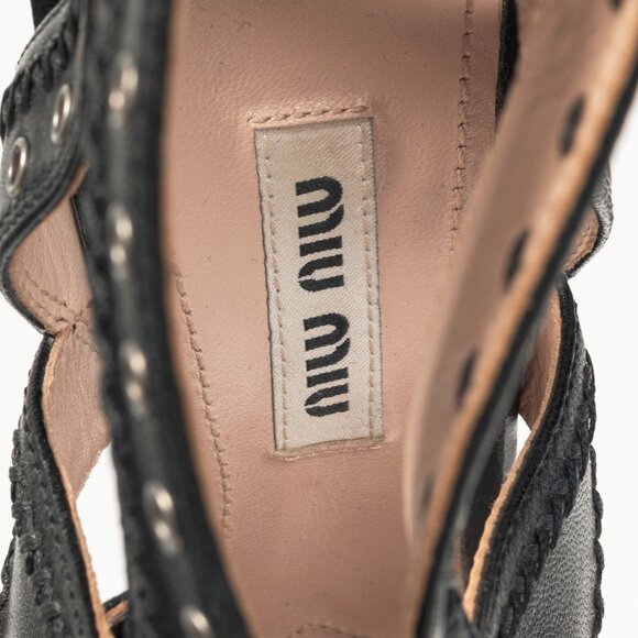 Miu Miu Black Leather Grommet Lace-Up Sandals - Picture 10 of 10